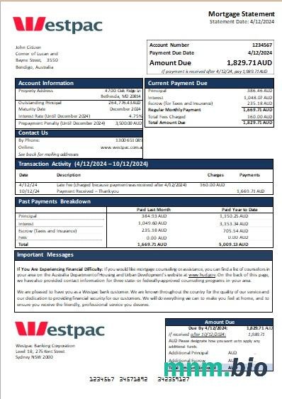 Australia Bank Westpac wyciąg z kredytu hipotecznego szablon Word i PDF
